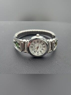 Vintage Silver-Tone Women's Bracelet Watch with Green Accent